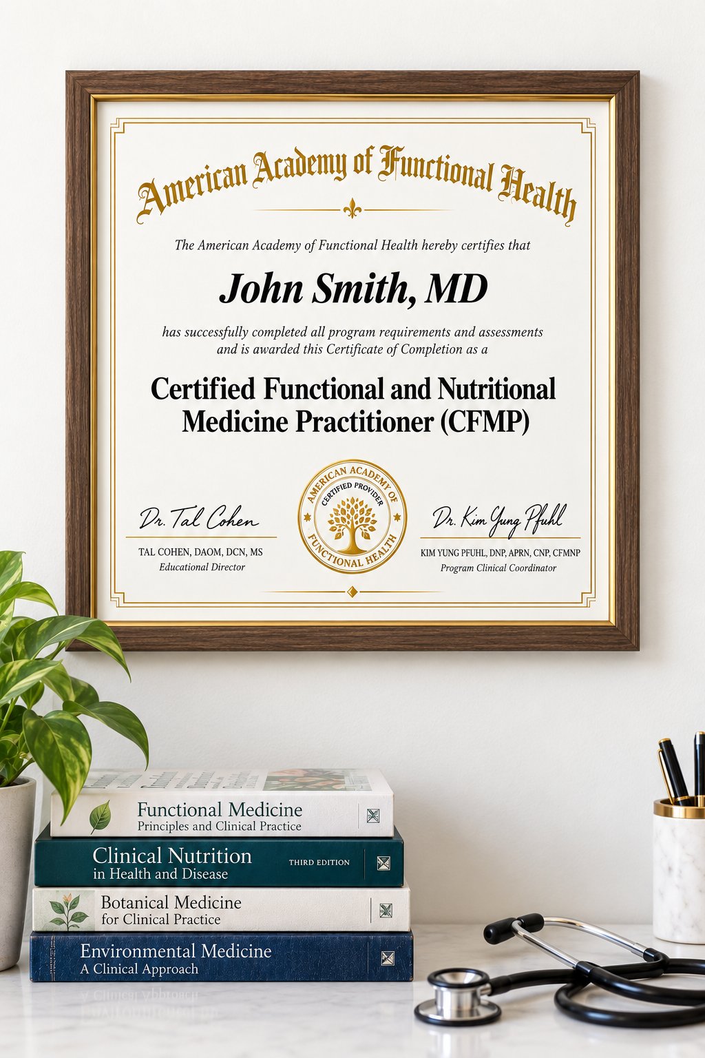 A framed AAFH functional medicine practitioner certificate